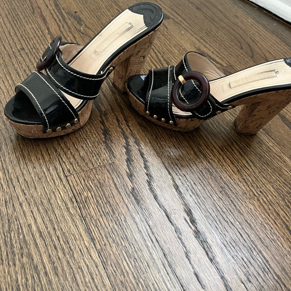 Prada Patent Leather Cork Platform Slip On Heels size us 6.5